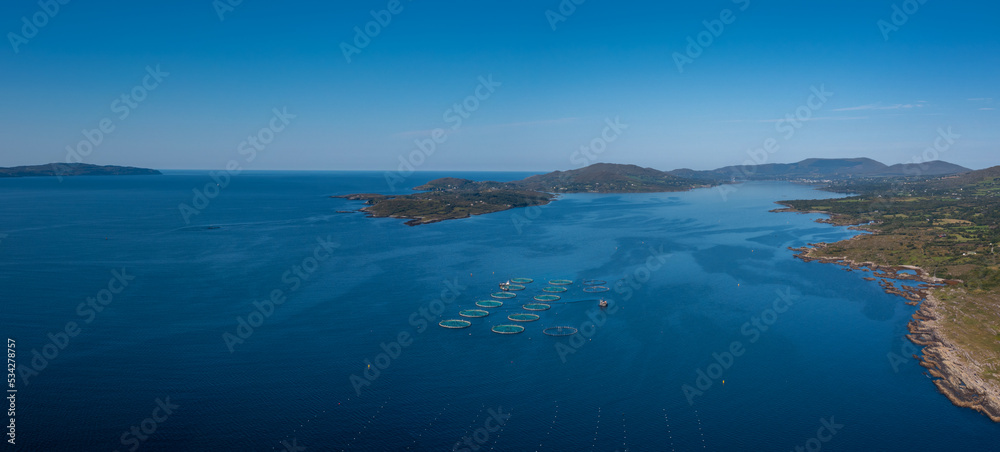 aerial view of a salmon fish farm in Bantry Bay in County Cork of western Ireland