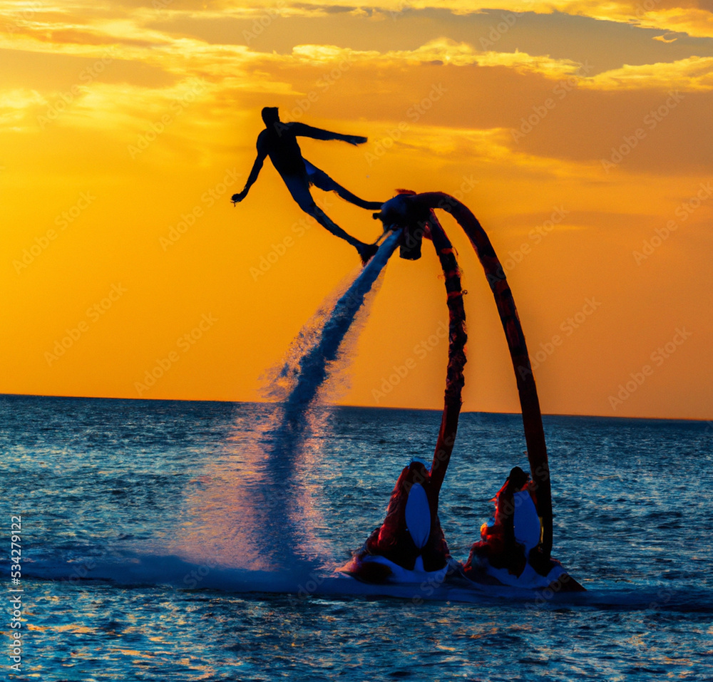 Silhouette of a fly board rider at sea. Professional rider do tricks in the blue lagoon. Tropical watersport equipment. Sunset sea view, summer outdoor