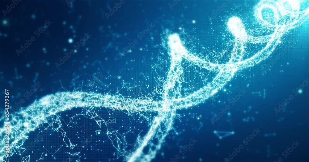 Blue DNA molecule, plexus animation of Double Helix, human genome. Medical research, genetic engineering, biology. Abstract 4k Background, 3D animation of Deoxyribonucleic acid molecule