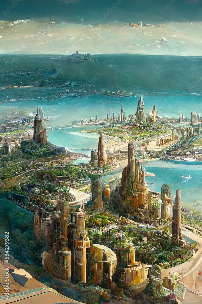 Atlantis. A fantastic city with a beautiful landscape. Illustration for cartoons.