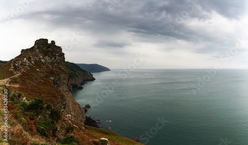 Valley of the Rocks landscape in Exmoor in North Devon with an expressive overcast sky