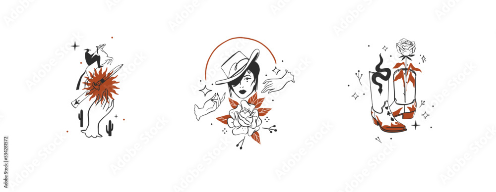 Hand drawn abstract vector graphic clipart illustrations logo set compositions.Wild Western design concept.Bohemian wild west contemporary art.Cowboy modern line art drawing.American cowgirl logo. Hand drawn abstract vector graphic clipart illustrations logo set compositions.Wild Western design concept.Bohemian wild west contemporary art.Cowboy modern line art drawing.American cowgirl logo.