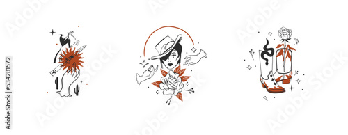 Hand drawn abstract vector graphic clipart illustrations logo set compositions.Wild Western design concept.Bohemian wild west contemporary art.Cowboy modern line art drawing.American cowgirl logo.