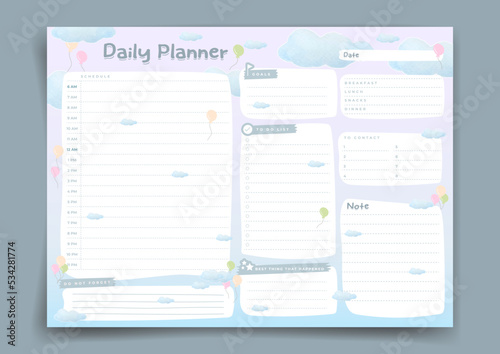 Daily planner, Day planner, Date, Habit tracker. Monthly planner. Blank template. Vector illustration. Minimal style. Clean style. Daily to do. Cute style,