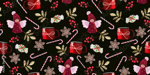 Christmas and New Year vector seamless pattern with holiday attributes