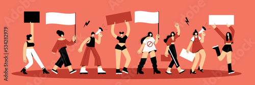 A crowd of people are protesting with placards and with a megaphone. The people demand equal rights. Rally and parade