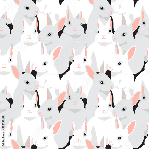 White and gray rabbits. Seamless pattern with animals, background, print. Vector illustration