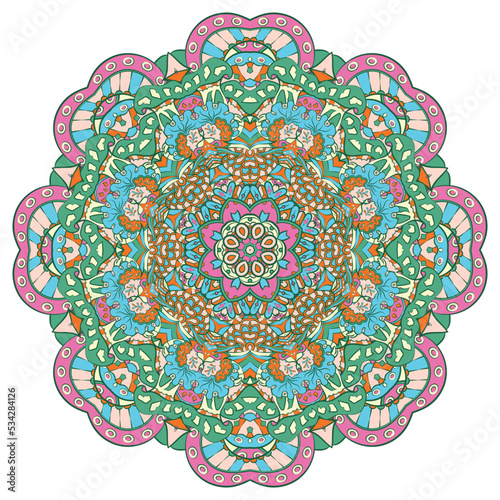 Mandala. Tracery wheel image. Mehndi design. Ethnic doodle art. Curved doodling picture. Vector