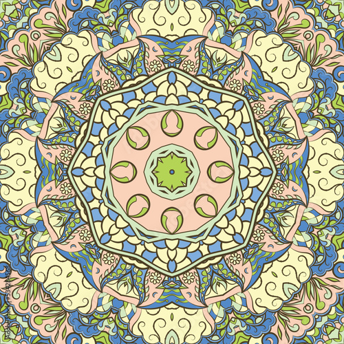 Seamless tile texture. Tracery mehndi design image. Ethnic doodle art. Curved doodling picture. Vector