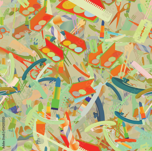 Background pattern abstract seamless design texture. Theme is about straight razor, claw, clip, cosmetology