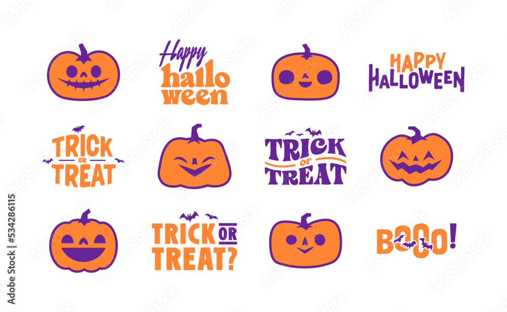 Halloween graphic elements with carved pumpkins and bats. Trick or treat, Boo and spooky designs. Halloween decoration. Halloween graphic elements with carved pumpkins and bats. Trick or treat, Boo and spooky designs. Halloween decoration.
