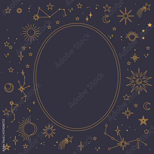 Astral celestial frame with stars, hands, sun, moon phases, and copy space. Mystic design. Ornate magical banner with a place for text. Linear geometric border