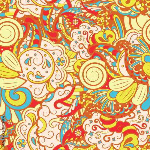 Tracery seamless pattern. Mehndi design. 6 colors. Ethnic doodle texture. Curved doodling background. Vector