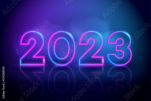 Purple vector neon tube numbers 2023. New year neon color numbers