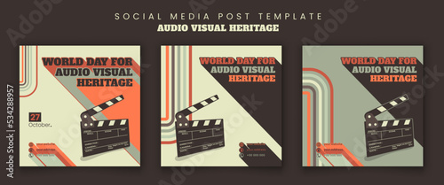 Social media post template with movie clapper and retro background design