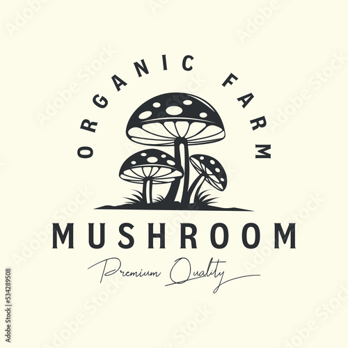mushroom farm vintage logo vector template illustration design. champignon mushroom, organic product food logo concept