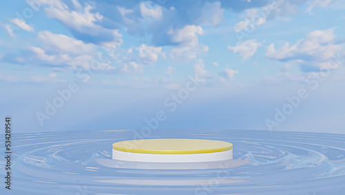 Mockup 3d Podium with cloud and water. Geometric shape. cosmetic concept. Abstract background. 3d render illustration