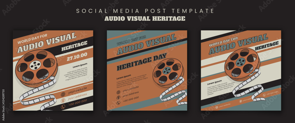 Social media template in vintage background with movie roll for world day for audio visual ...