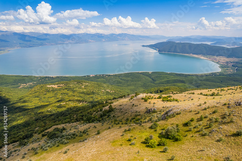 Aerial view of Ohrid-Prespa Transboundary Biosphere Reserve in National Park Galicica in North Macedonia of hill above Prespa lake photo