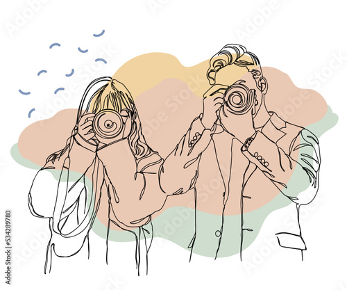 Photographer Couple Continuous Line Art and Abstract Background illustration 