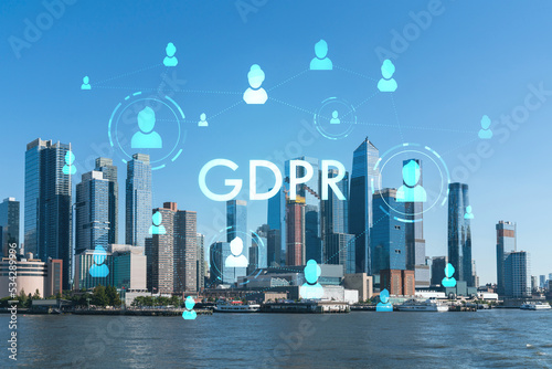 New York City skyline from New Jersey over the Hudson River towards the Hudson Yards at day. Manhattan  Midtown. GDPR hologram  concept of data protection  regulation and privacy for all individuals
