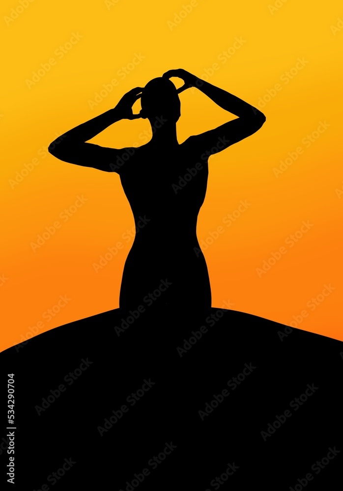 Woman silhouette at yellow sunset illustration. Vertical design for social media posts.