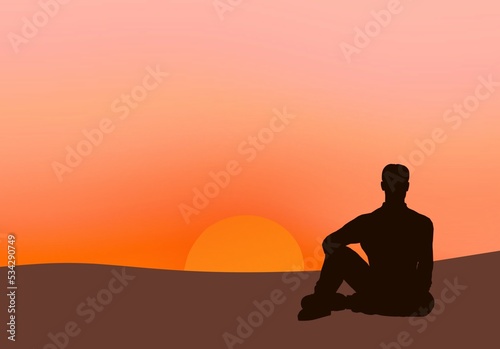 Lonely melancholic man silhouette sitting and watching sunset. Empty blank copy space area for business career life advertising or ad texts.