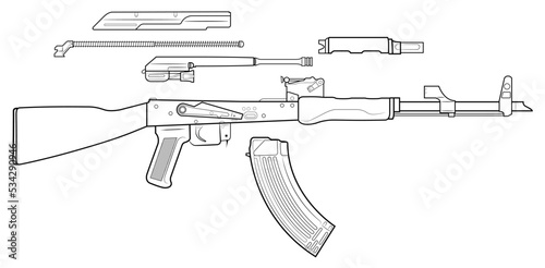 Vector illustration of AK assault rifle disassembled for cleaning on the white background photo
