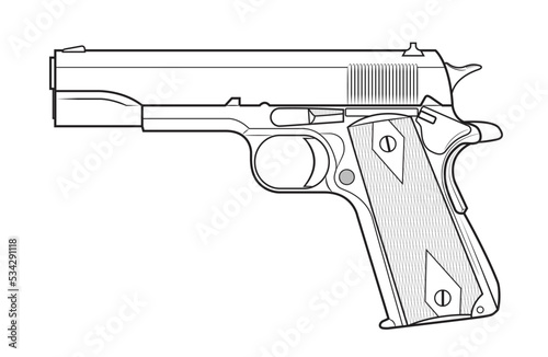 Vector illustration of the Colt 1911 automatic pistol with diamonds on the facings on the white background. Left side.