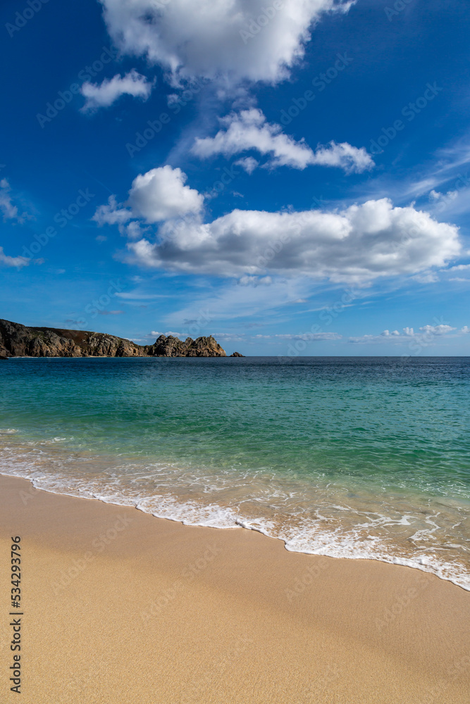 The idyllic beach at Porthcurno in Cornwall, on a sunny day