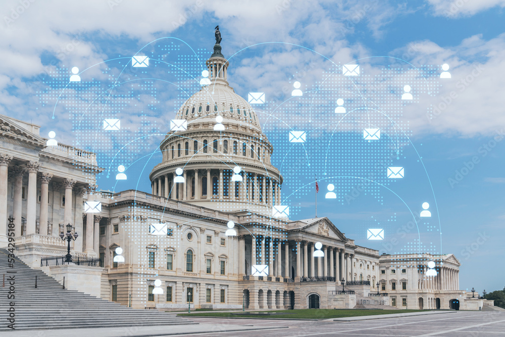 Naklejka premium Capitol dome building exterior, Washington DC, USA. Home of Congress and Capitol Hill. American political system. Social media hologram. Concept of networking and establishing new people connections
