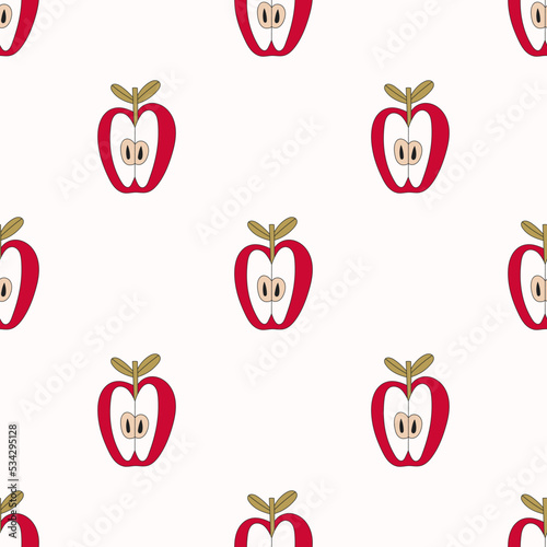 Cartoon seamless pattern with cut apples. Vector fruit background.