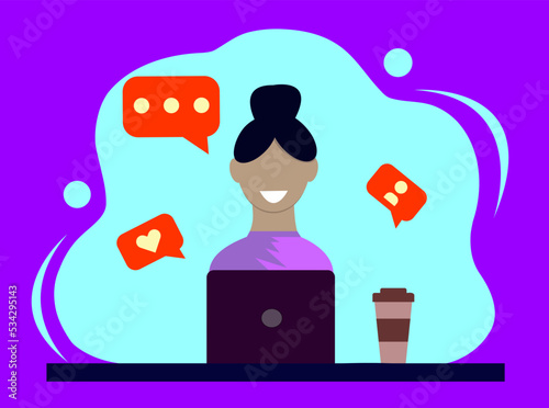 Joyful girl at the computer creates content in social networks. Business promotion concept, personal brand, page. Vector illustration with flat design.