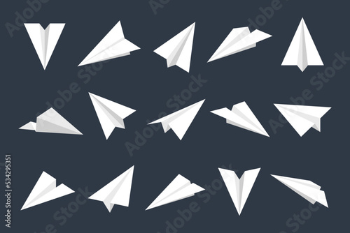 Realistic white paper planes collection. Handmade origami aircraft in flat style. Paper toy for a child. Business concept element, project startup and goal achievement. Vector illustration