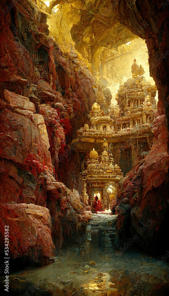 AI generated image of an ancient golden Hindu temple inside a cave ...