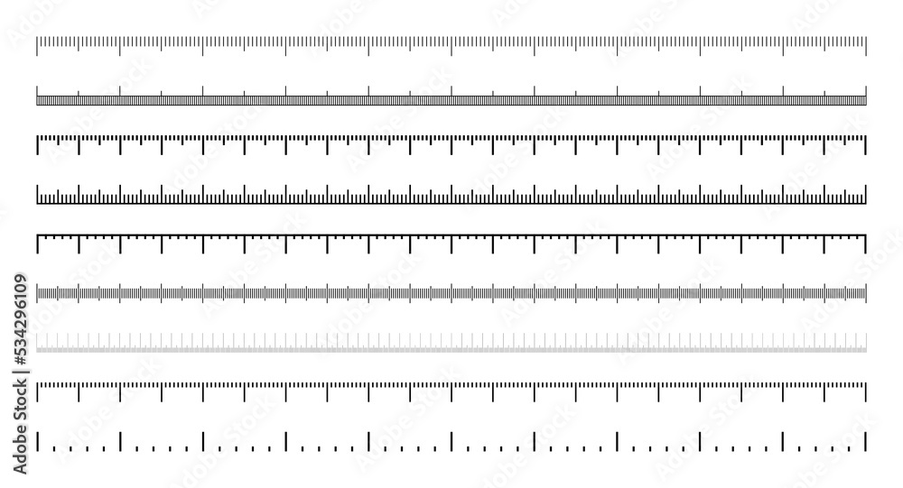 Various measurement scales with divisions. Realistic scale for measuring length or height in centimeters, millimeters or inches. Ruler, tape measure marks, size indicators. Vector illustration Various measurement scales with divisions. Realistic scale for measuring length or height in centimeters, millimeters or inches. Ruler, tape measure marks, size indicators. Vector illustration