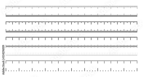Various measurement scales with divisions. Realistic scale for measuring length or height in centimeters, millimeters or inches. Ruler, tape measure marks, size indicators. Vector illustration