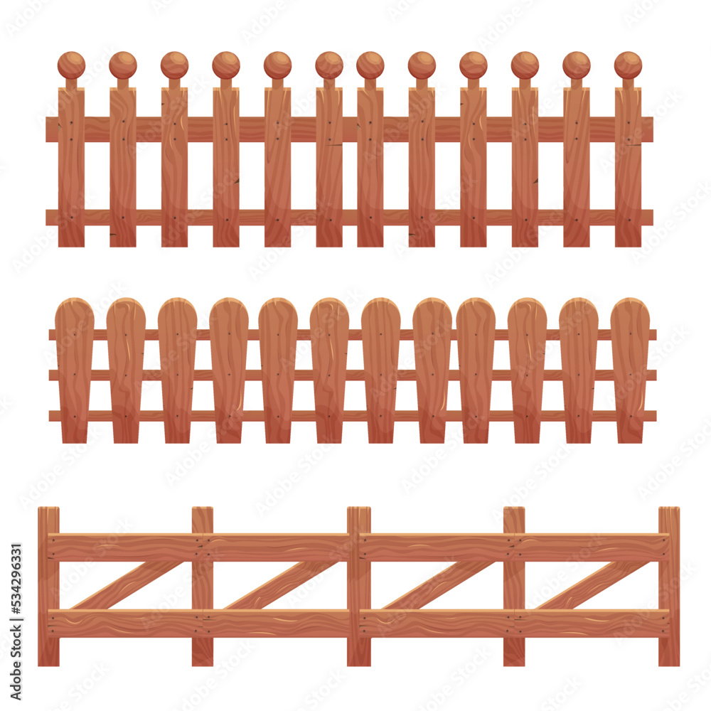 Seamless fence vector illustration, Wooden farm fence from crossed planking isolated on white background, Vector illustration set of the different wood fences in natural color texture Seamless fence vector illustration, Wooden farm fence from crossed planking isolated on white background, Vector illustration set of the different wood fences in natural color texture
