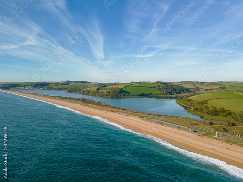 An aerial view of the magnificent beach at Slapton Sands in Devon, UK photo