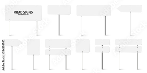Various road, traffic signs. Highway signboard on a chrome metal pole. Blank white board with place for text. Directional signage and wayfinder. Information sign mockup. Vector illustration