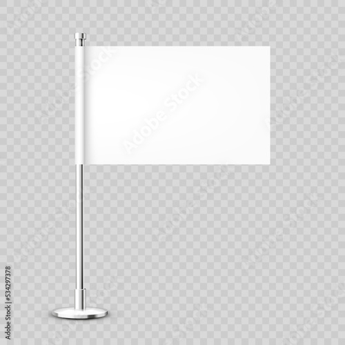 Realistic table flag on a chrome steel pole. Blank white desk flag made of paper or fabric. Shiny metal stand. Mockup for promotion and advertising. Vector illustration