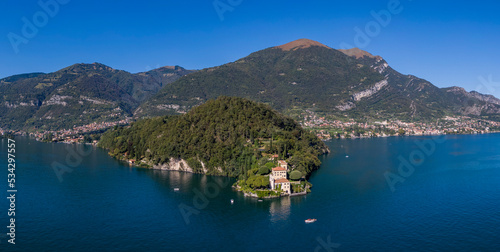 Aerial view of the Villa del Balbianello on the Lake Como