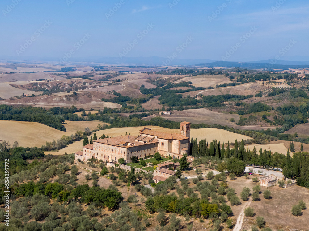Aerial view of the monastery of Sant'Anna in Camprena where the film The English Patient takes place