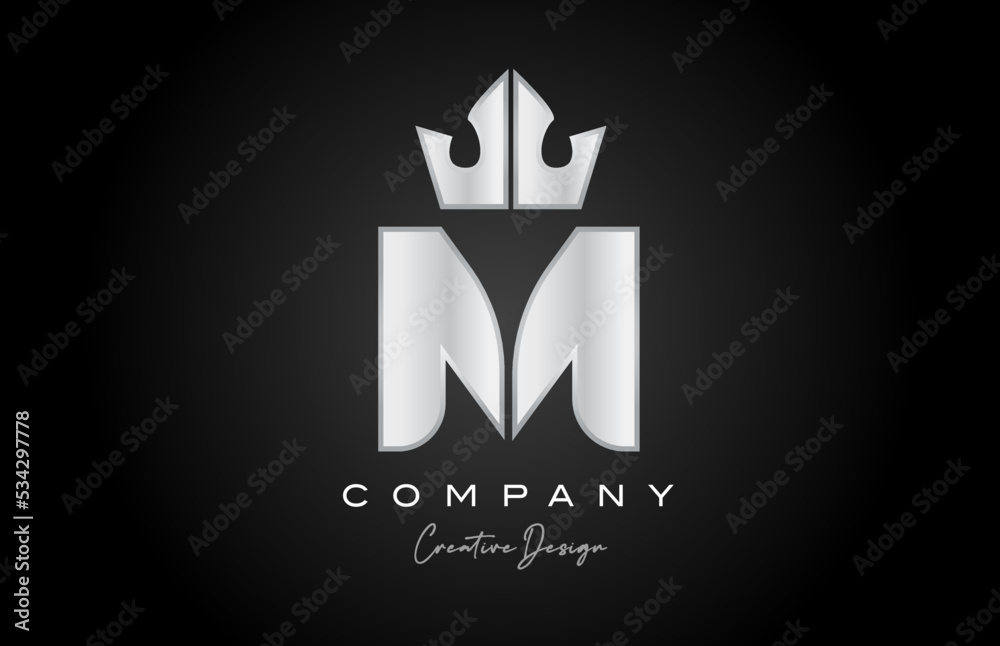 silver grey M alphabet letter logo icon design. Creative crown king template for company and business silver grey M alphabet letter logo icon design. Creative crown king template for company and business