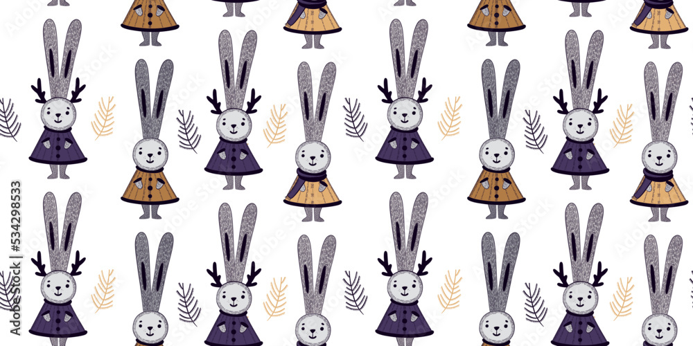 Cute Christmas bunnies. Seamless pattern with rabbits on a white background in doodle style. Character hare with deer antlers. Winter print. Cute Christmas bunnies. Seamless pattern with rabbits on a white background in doodle style. Character hare with deer antlers. Winter print.