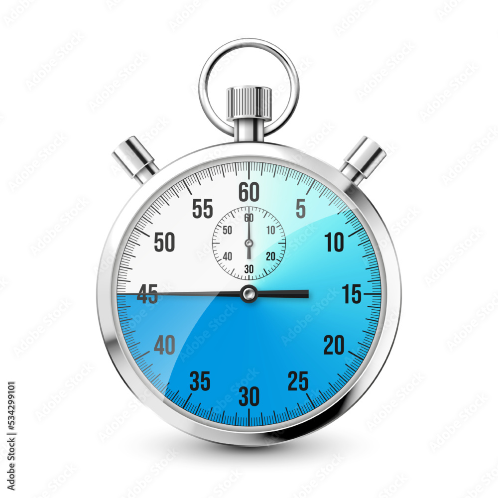 Realistic classic stopwatch icon. Shiny metal chronometer, time counter with dial. Blue countdown timer showing minutes and seconds. Time measurement for sport, start and finish. Vector illustration Realistic classic stopwatch icon. Shiny metal chronometer, time counter with dial. Blue countdown timer showing minutes and seconds. Time measurement for sport, start and finish. Vector illustration