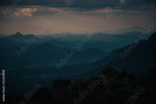 Mountain landscape in Thailand. Mountain valley during sunrise. Natural summer landscape in Thailand. Phu Pa poa