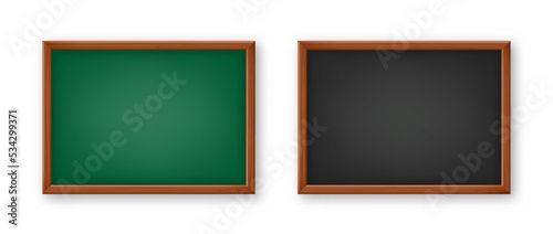 Realistic blank chalkboard in a wooden frame. School blackboard with traces of chalk, writing surface for text or drawing. Presentation board, online studying and e-learning. Vector illustration