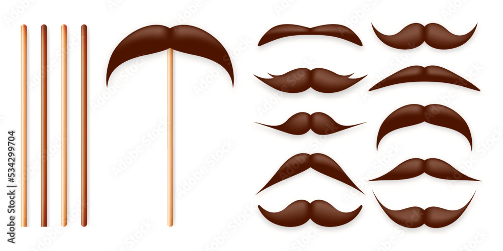 Realistic fake mustache on a wooden stick. Vintage paper mustache for carnival or holiday. Various brown facial hair, fashionable hipster beard. Vector illustration