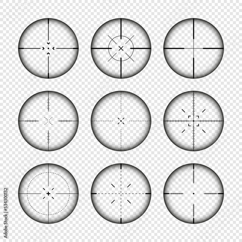 Various weapon sights, sniper rifle optical scopes. Hunting gun viewfinder with crosshair. Aim, shooting mark symbol. Military target sign, silhouette. Game interface UI element. Vector illustration